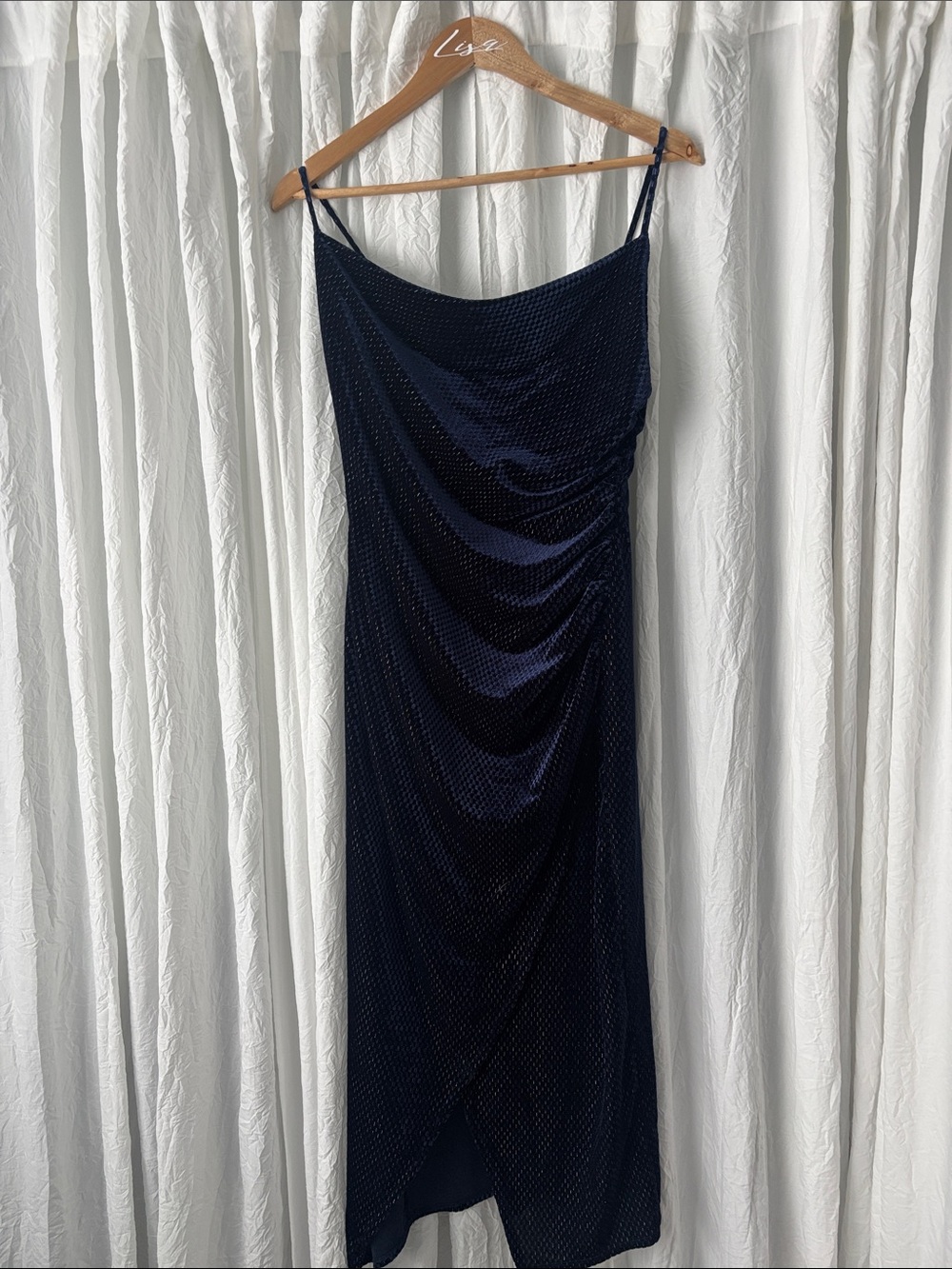 Laundry By Shelli Segal Navy Beaded Draped Slip Midi Dress